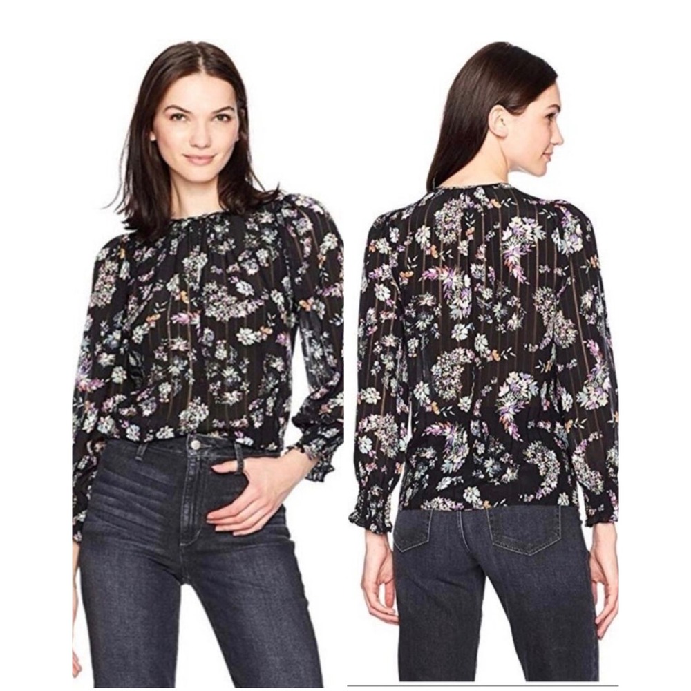 Rebecca Taylor Jewel Top Womens 6 Black Floral Metallic Stripe‎ Silk Blouse